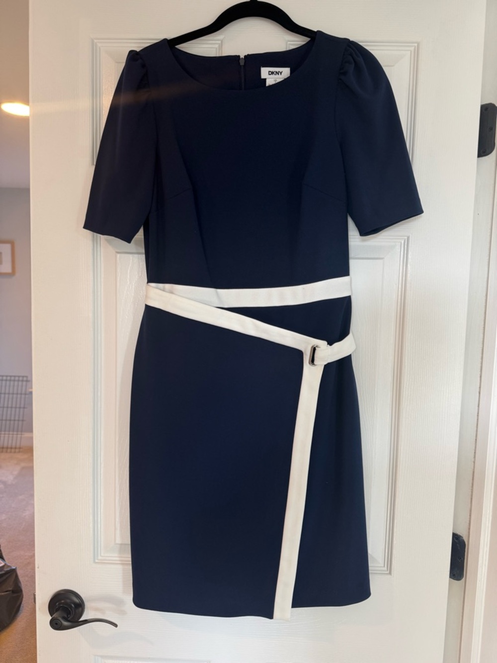 DKNY Navy Midi Sheath Dress with White Wrap Belt